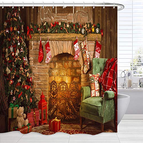 Broshan Vintage Christmas Shower Curtain, Western Christmas Shower Curtain For Bathroom Christmas Tree Fireplace Stocking Gift Art Print, Christmas Fabric Bathroom Decor Set With Hooks #TOP2
