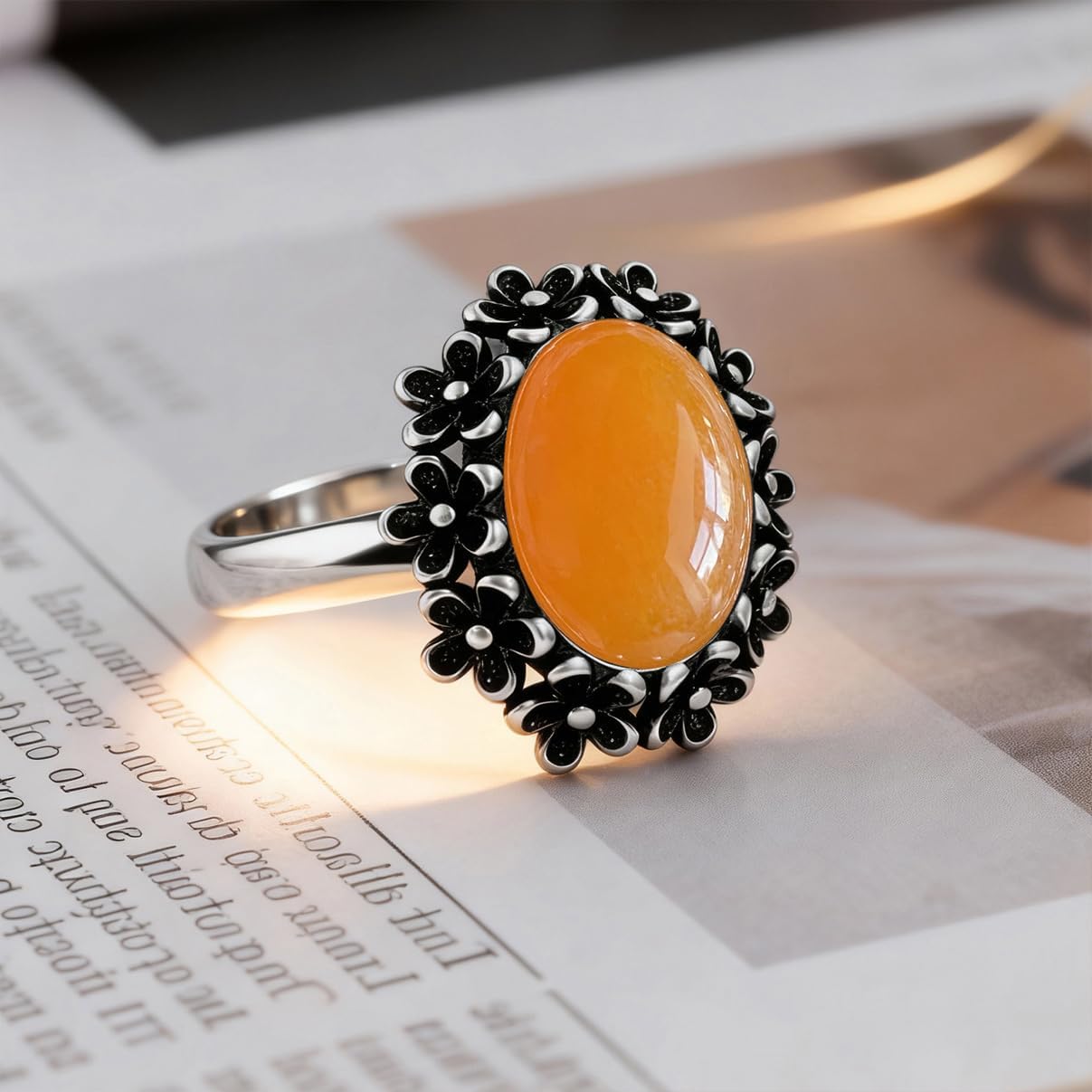 Sterling Silver Natural Stone Flower Ring,Retro Antique Vintage Oval Genuine Crystal Quartz Gemstone Floral Boho Bohemian Statement Ring for Women