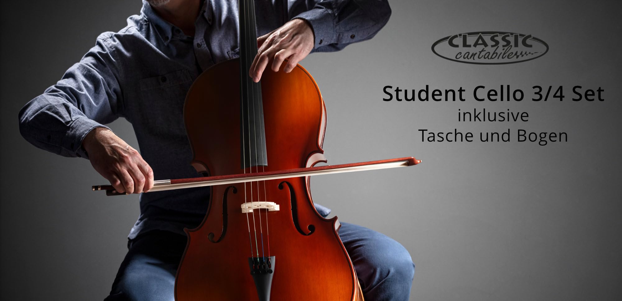 Classic Cantabile Student Cello 3/4: tavola in abete laminato, fondo, fasce, manico e ponticello in acero, tastiera in tiglio tinto, meccaniche e capotasto in acero annerito. Include arco e custodia.