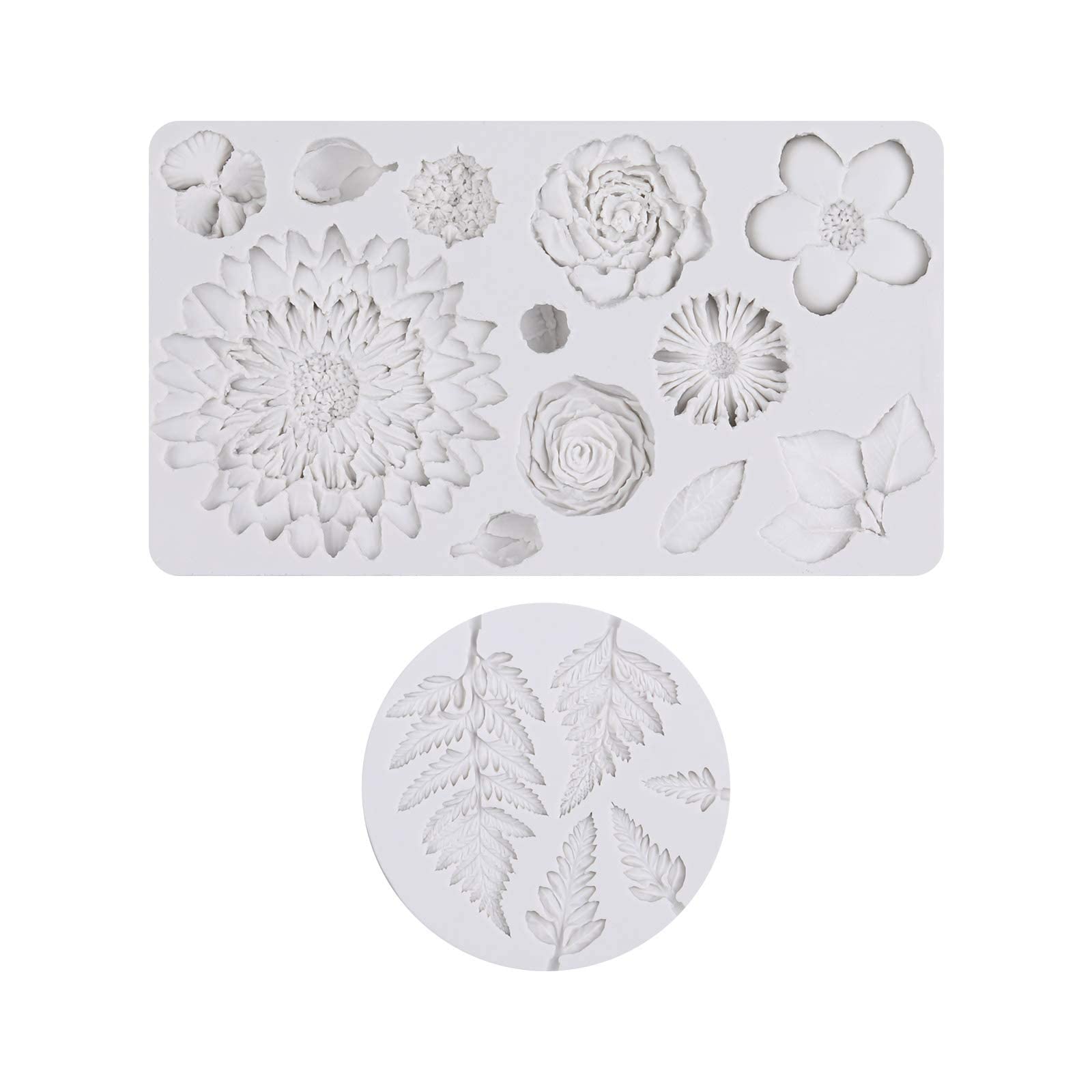 2 pieces Fondant Mold with Flower and Leaf shape for Cake Decoration, Silicone Mold Resin Sugarcraft Mold for Cupcake Topper, Candy, Chocolate, cookie, Polymer Clay, Crafting Baking Mould