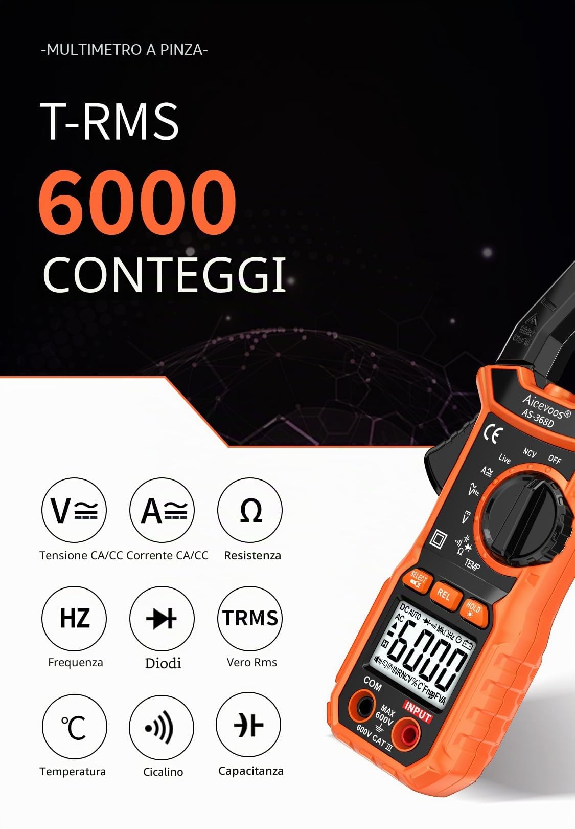 Pinza Amperometrica AC/DC, 6000 conteggi Multimetro Pinza per Misurare Tensione/Corrente CC CA, Temperatura, Continuità, NCV, Diodo, Torcia, Retroilluminazione, Ganascia a D