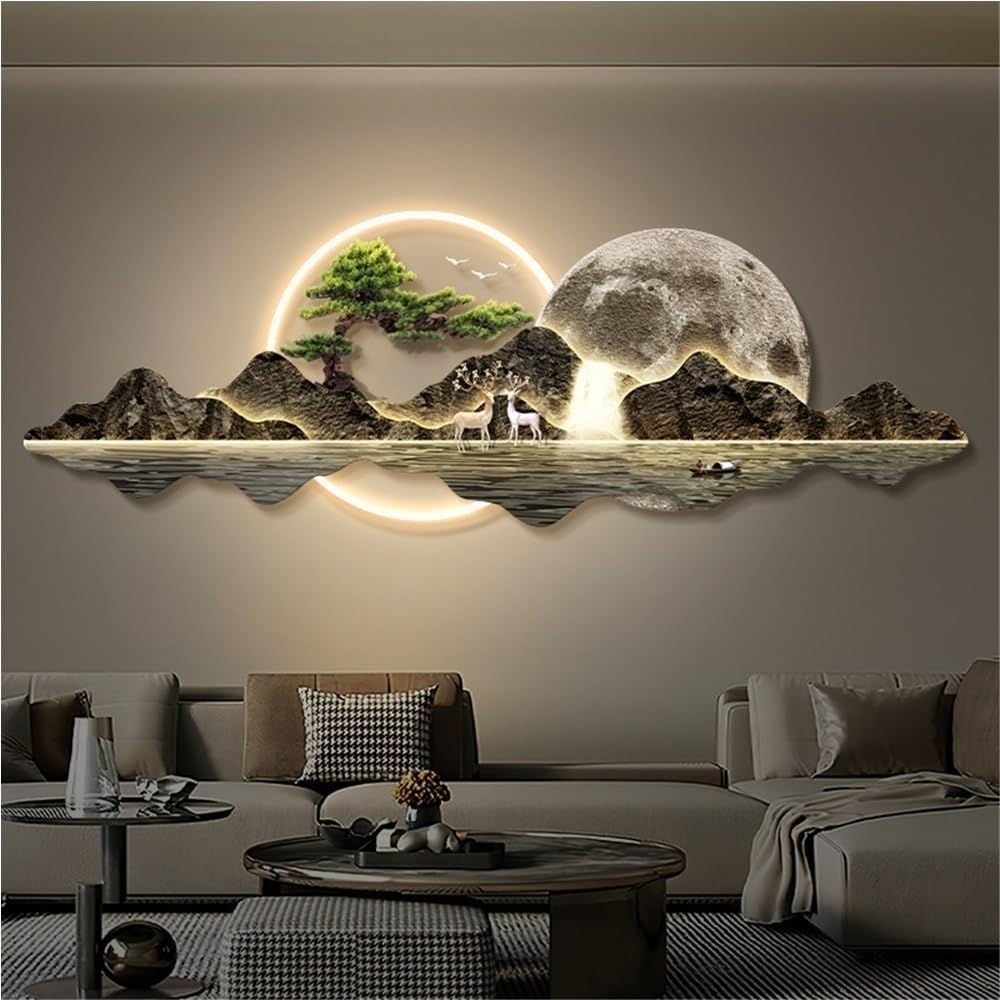 LED 3D Wall Art Decor, Landscape Wall Mural with Welcoming Pine Tree, Traditional Oriental Wall Sculpture with Light, Decorative Wall Art for Living Room(Brown,47.2in) - Image 10