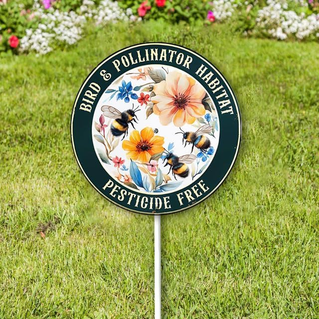 Bidesign Round (9.2X9.2) IN Bird And Pollinator Habitat Pestiside Free Yard Sign with Stake Rustproof Aluminum Bee Lawn Signs Stand for Home Garden Yard Decorations Outdoor