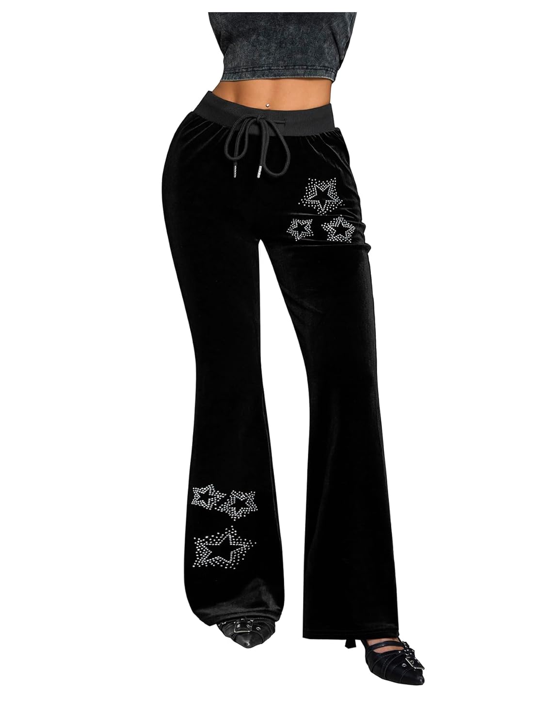 MakeMeChic Womens Y2k Travel Flare Pants Velvet Star Bell Bottom Streetwear