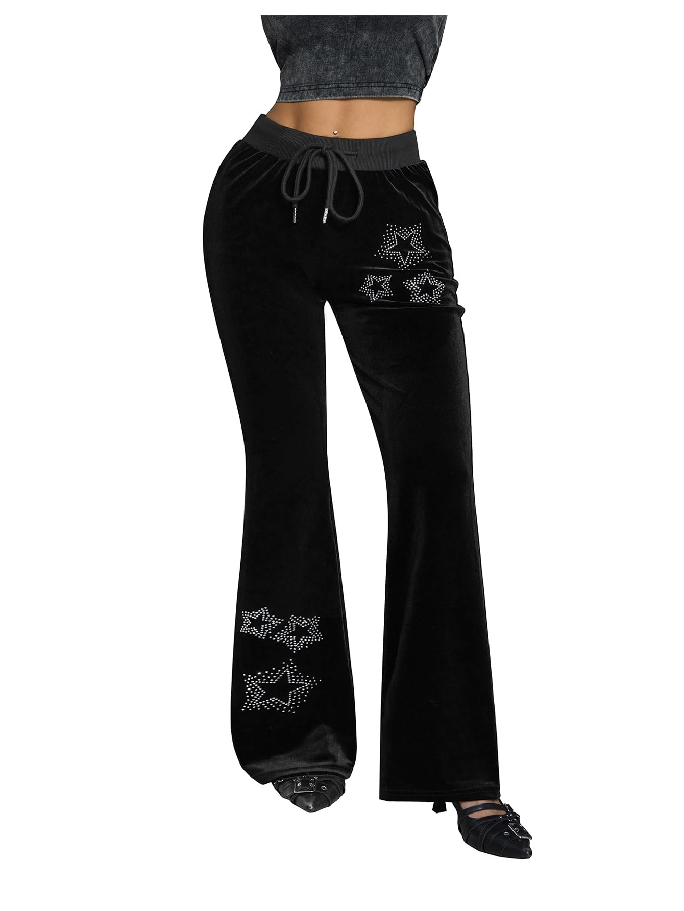 MakeMeChic Womens Y2k Travel Flare Pants Velvet Star Bell Bottom Streetwear