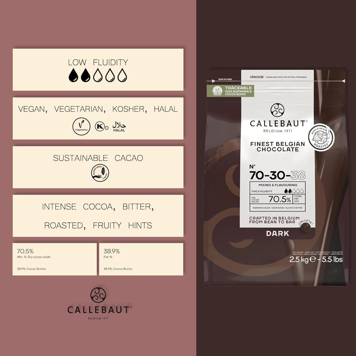 CALLEBAUT Kuvertüre Callets Zartbitterschokolade 70,5% Kakao 2,5 kg 1er Pack