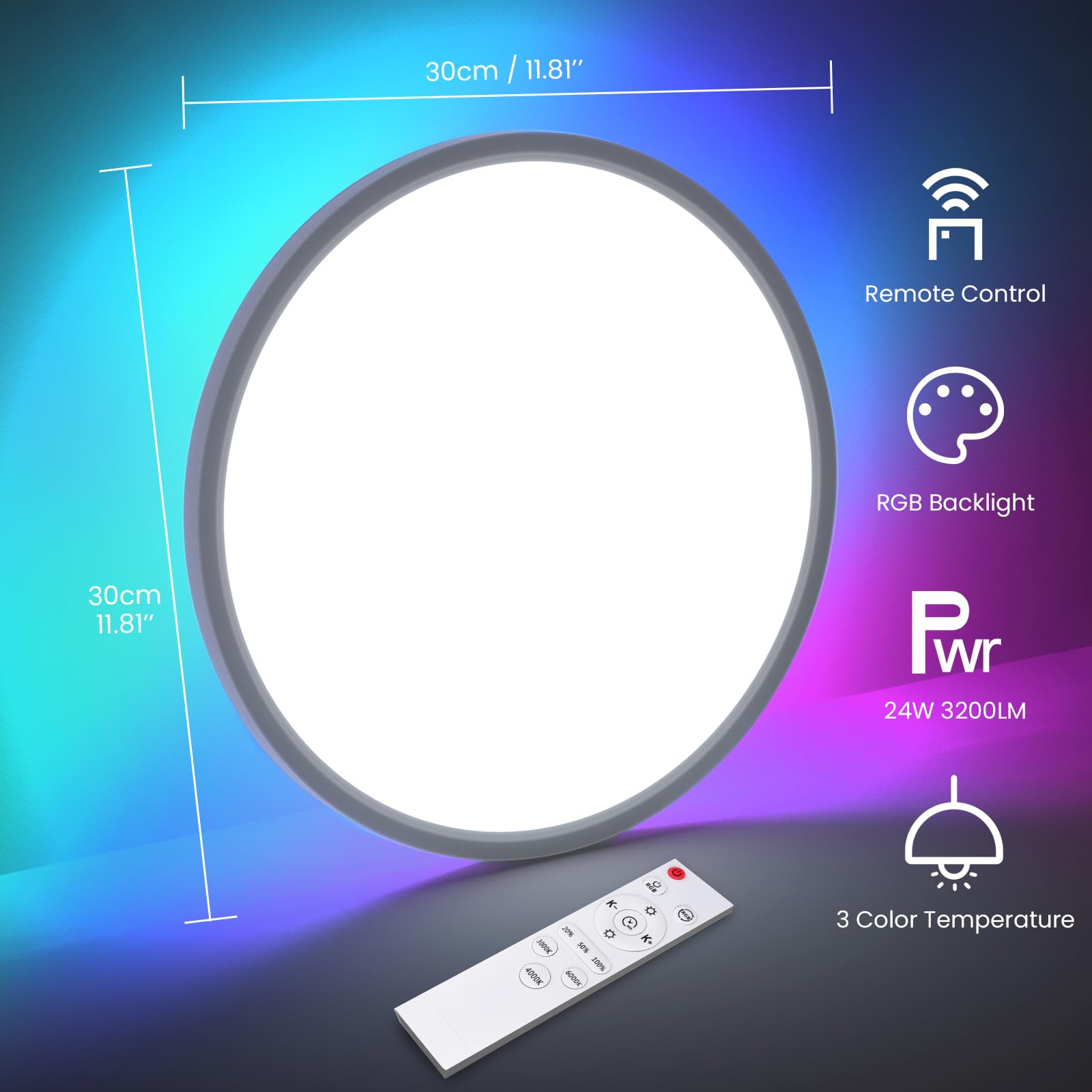 Lamptobe 30CM LED Ceiling Light for Bedroom with Remote Control, Rgb Backlight - Image 2