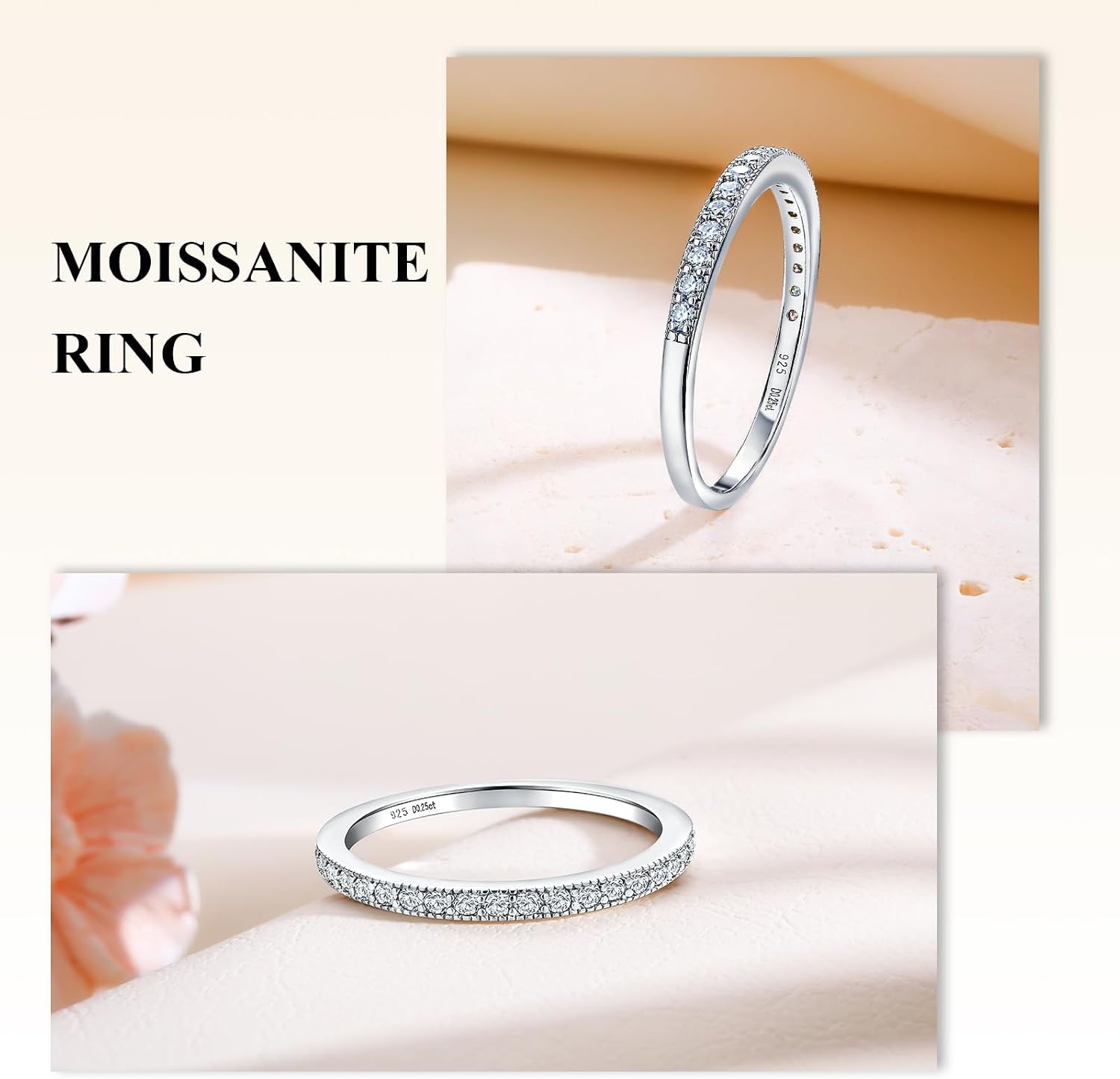 Moissanite Engagement Rings for Women, Sterling Silver Stackable Anniversary Ring Created Birthstone Half Eternity Band Rings for Men, Size 6 to 10, Width 1.4mm 1.7mm