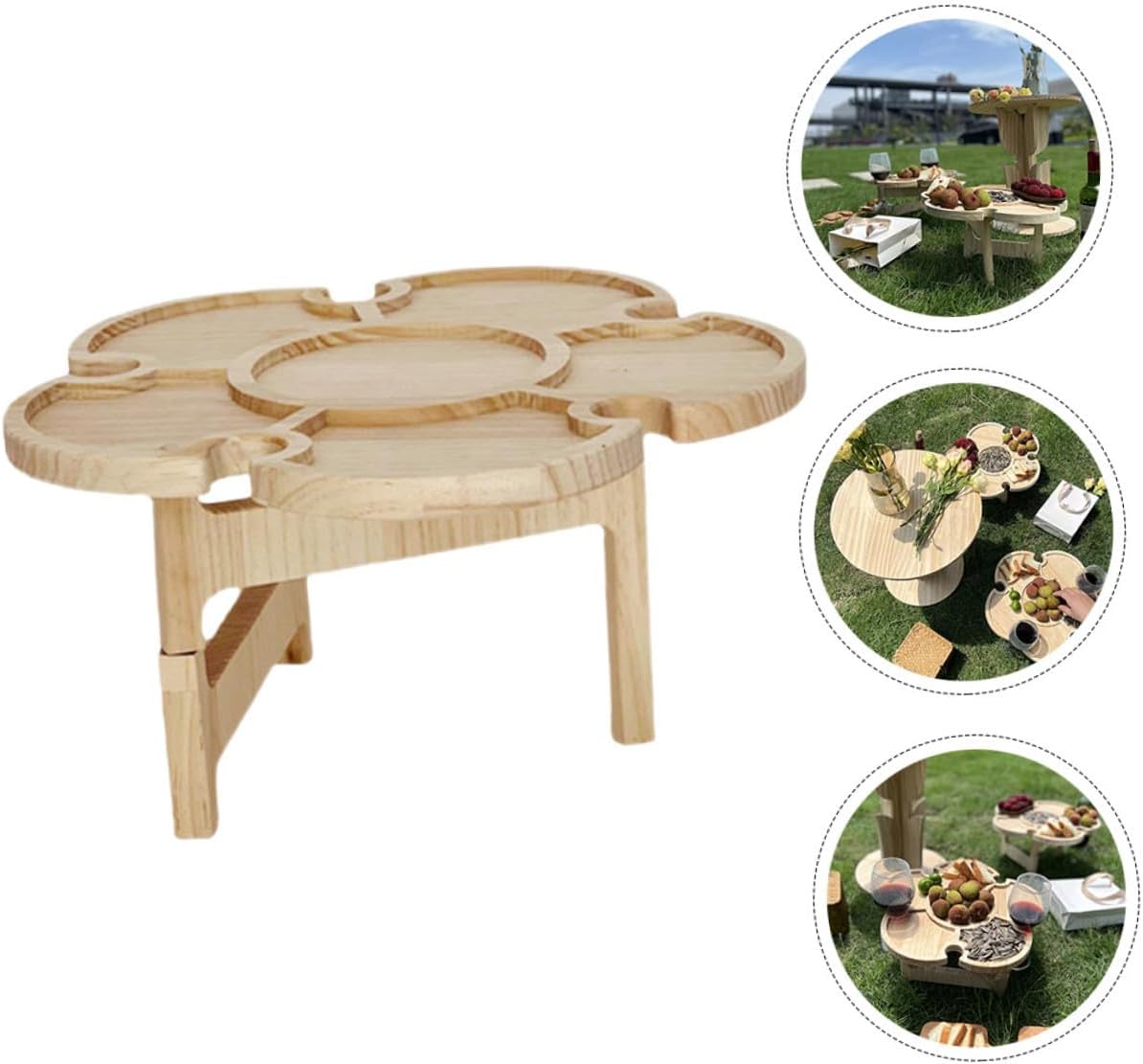 Portable Folding Wine Table Outdoor Picnic Wooden Beverage Desk 35cm Diameter Floor Table Travel Wine Rack for Beach BBQ and Camping