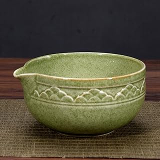 YlobdolY Cuenco de cerámica para matcha con boquilla de vertido, hecho a mano, con patrón de nubes, cuenco de porcelana esmaltada tradicional japonés, cuenco para mezclar té matcha, color verde oscuro