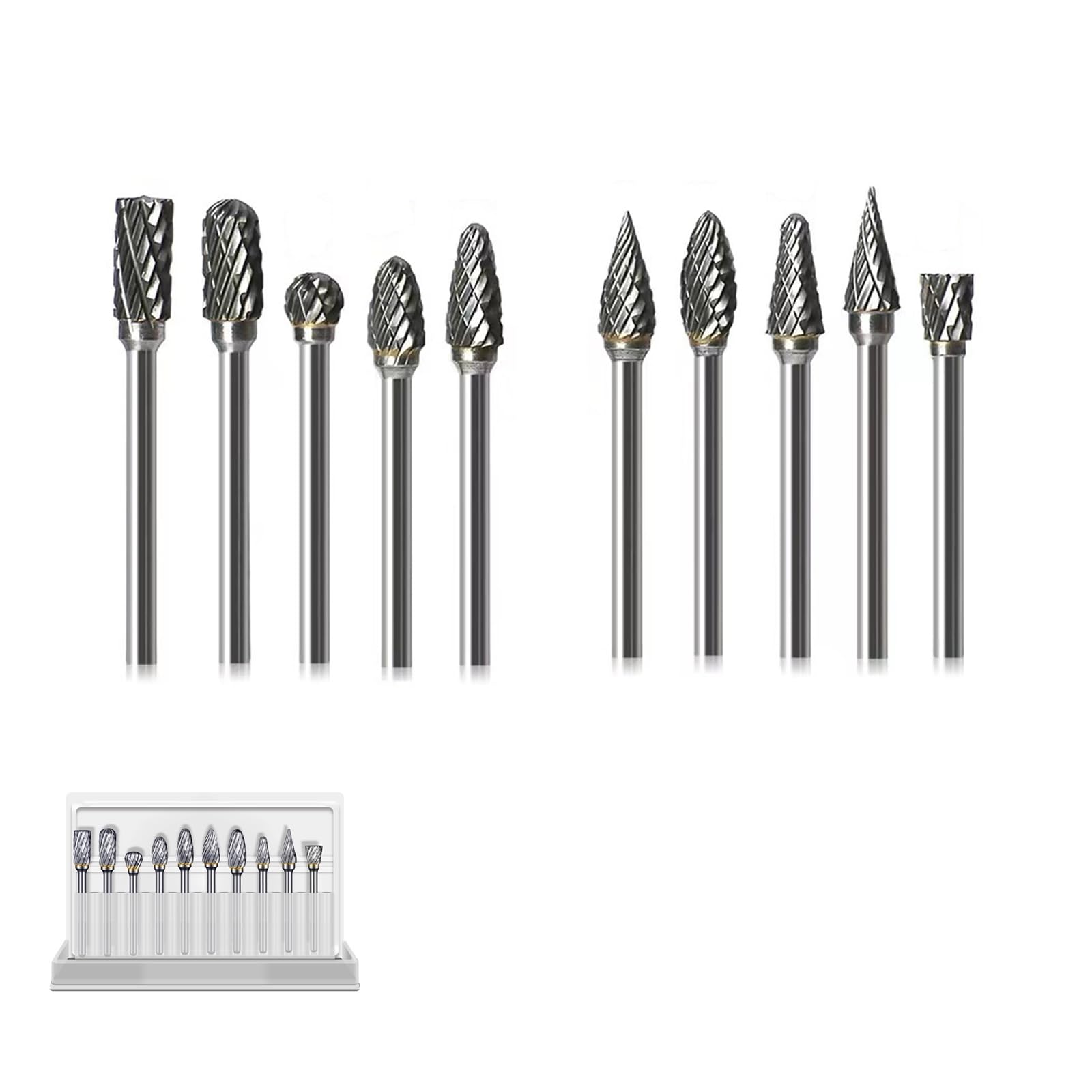 DOETYD Tungsten Carbide Double Cut Rotary Burrs Set, 1/8 inches Shank FitsCarbide Deburring Tool for Grinder Drill, DIY Woodworking Carving, Metal Polishing, Engraving and Drilling 10 PCS