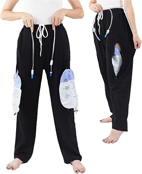 Urine Bag Holder Pants for Men Women with Double Zippered Pockets Incontinence Catheter Ostomy Drainage Bag Hidden Pocket 2000mlBlack,L