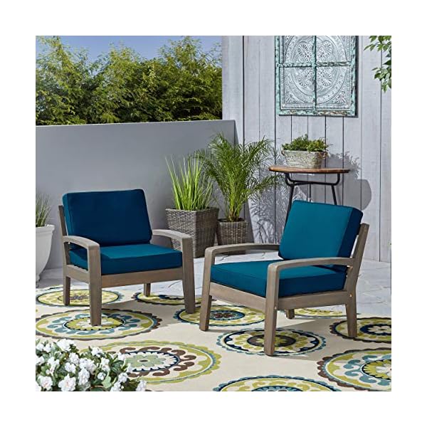 Gdfstudio outdoor acacia wood club chairs with cushions set of 2 gray and dark teal  urban country home decor