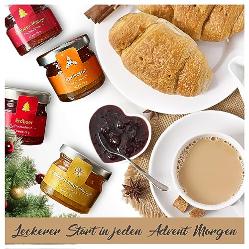 Adventskalender 2025 Marmelade, 24 verschiedene Fruchtaufstriche im Glas á 25g, Frühstück Adventskalender 2025, Frühstückskalender für Weihnachten