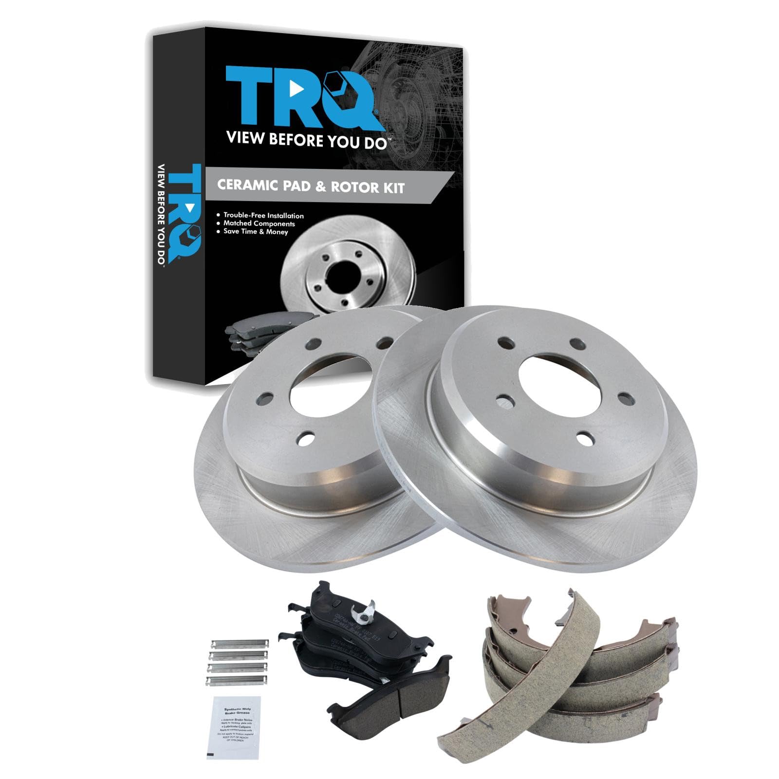 TRQ Rear Brake Pad and Rotor Set Ceramic Parking Brake Shoe Compatible with 1996-2002 Ford Crown Victoria Lincoln Town Car Mercury Grand Marquis