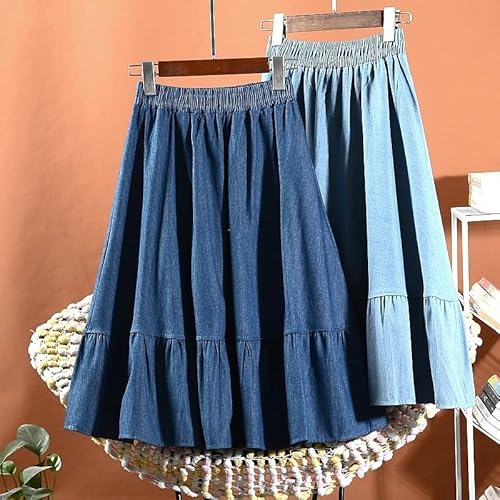 OVJENTSK Women's Elastic High Waist Flared Denim Midi Skirt Tiered Hem Lightweight Breathable Knee Length Casual Summer Jean Skirt for Everyday Wear Navy Blue One Size - Image 3