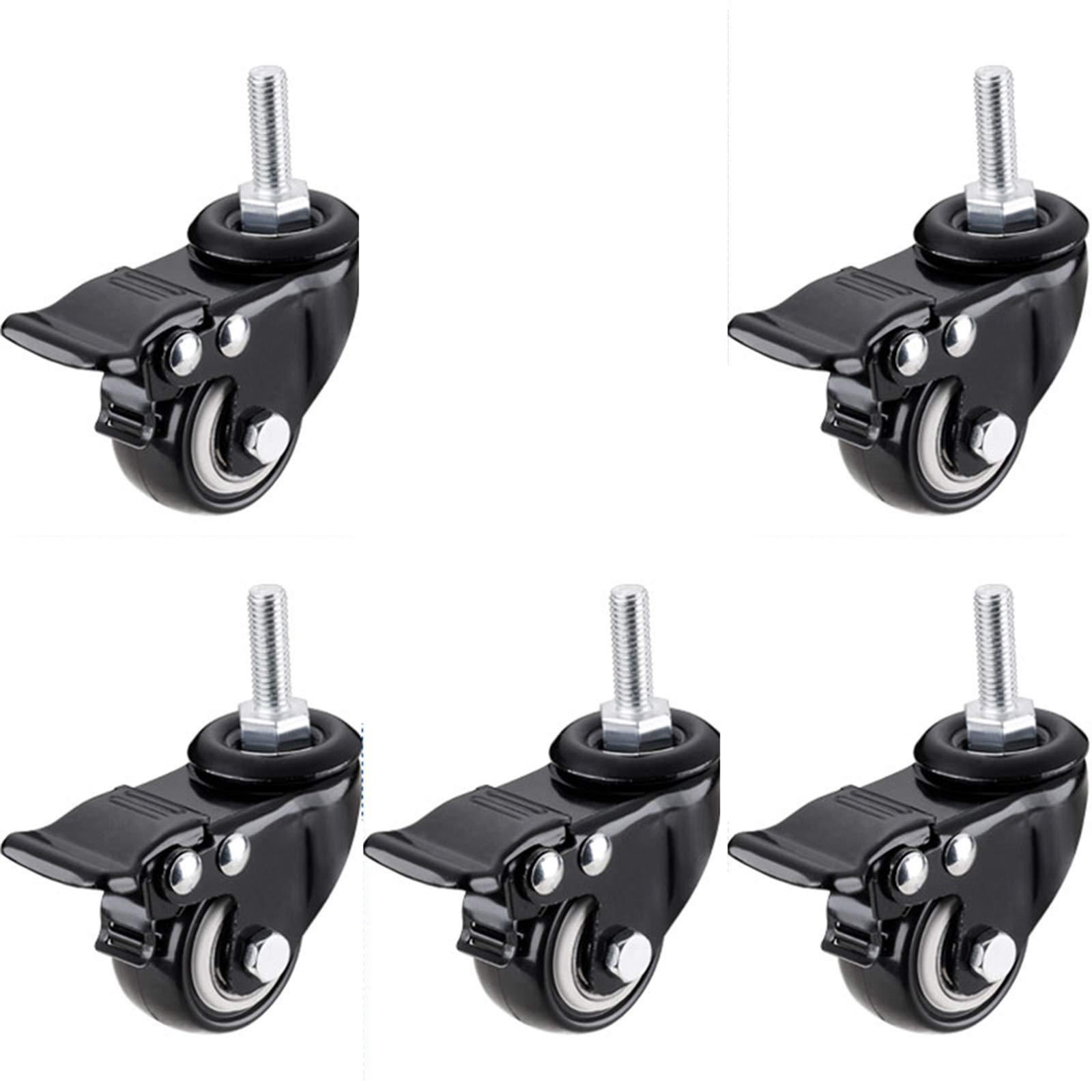 Lenkrollen Set von 5 Schwerlast 2 Zoll Möbelrollen mit Gewindestift schwarz doppelt Lager Tragfähigkeit M8 Bremse ideal für Zuhause & Büro Verwendung