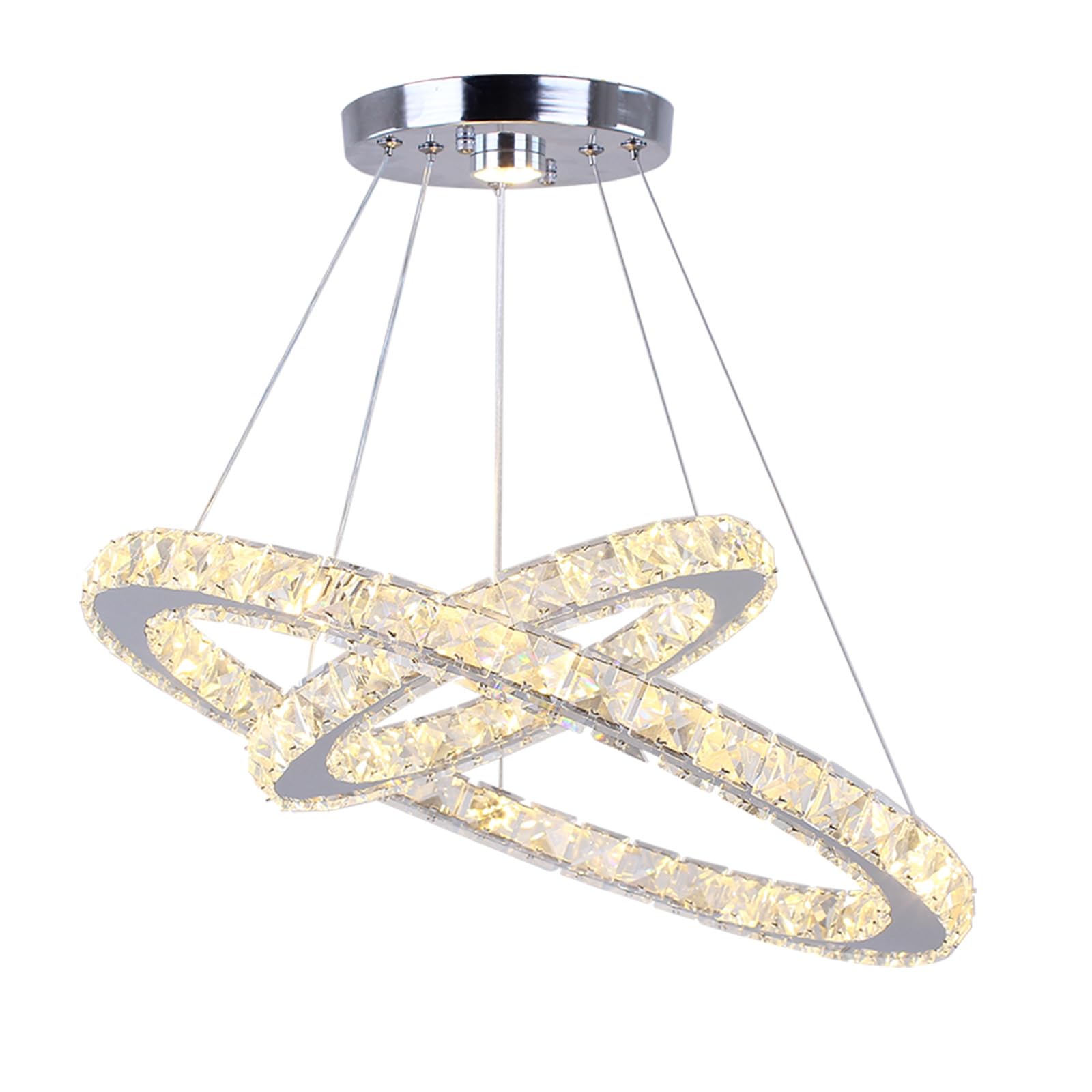 LED Chandelier Modern Contemporary 2 Rings Pendant Light Adjustable Stainless Steel Crystal Ceiling Lighting Fixture for Bedroom Living Room Dining Room (Warm White)