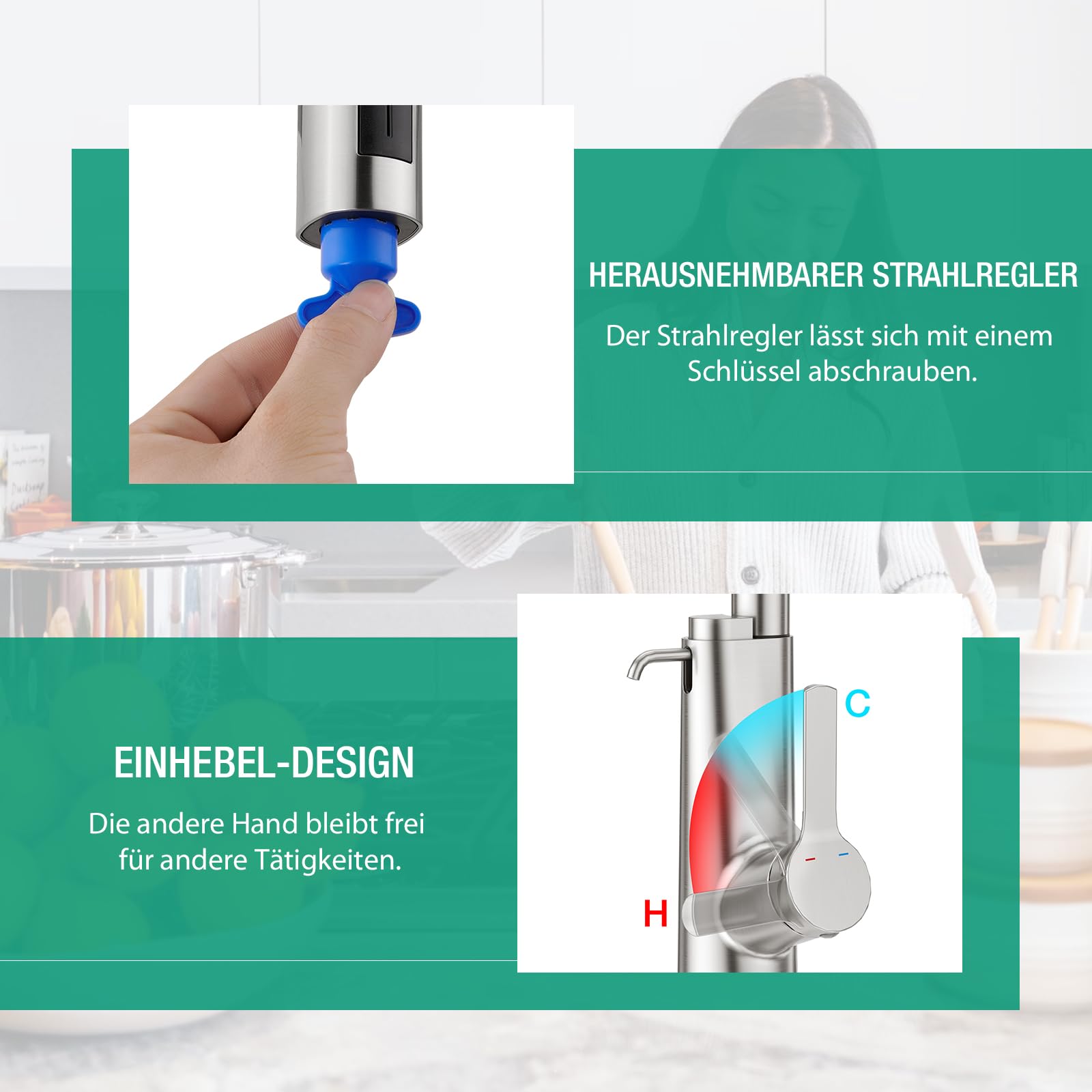 CREA Wasserfall Wasserhahn Küche Ausziehbar,Mischbatterie mit Seifenspender | 360° Drehbar Edelstahl Küchenarmatur mit 4 Strahlarten Brause,Einhebel küchenwasserhahn mit Seifenspender,Gebürstet