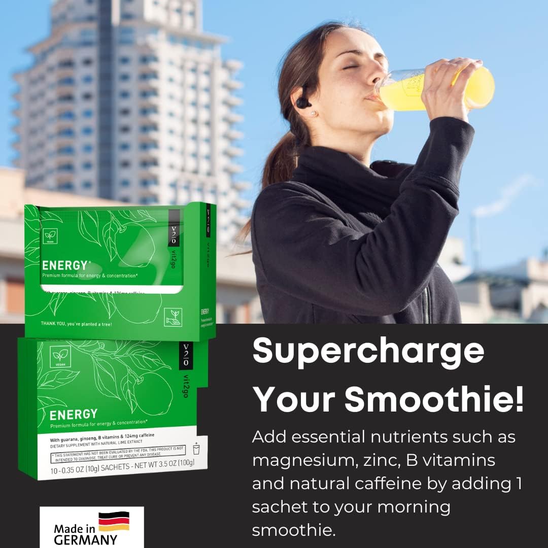 Natural Energy Drink Mix - 124mg Caffeine from Ginseng & Guarana | Sugar-Free, No Crash Pre-Workout Powder | B Vitamins, Magnesium & Zinc | Focus & Performance | Keto, Vegan | 25 Portions