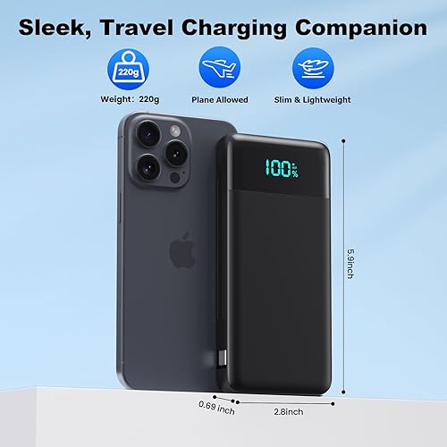 Miniatura 7 de Cargador portátil para iPhone, banco de energía delgado de 13800 mAh con cables integrados y enchufe de pared de CA, todo en uno, 4 salidas USB C,