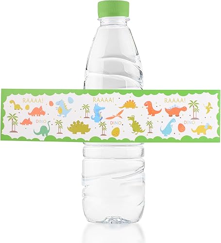 URROMA 48 etiquetas de dinosaurio para botellas de agua para baby shower, impermeables, envoltorios de botellas de agua de animales verdes,