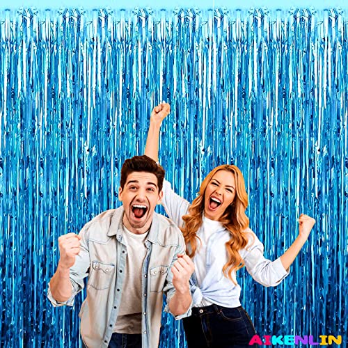 4 Pack 3.2Ft X 8.2Ft Lake Blue Foil Fringe Curtain Backdrop, Metallic Tinsel Foil Fringe Streamers Curtains Background For Photo Booth, Birthday, Wedding, Halloween, Christmas Party Decoration #TOP5