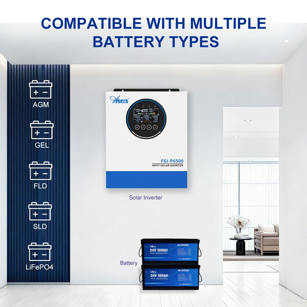 Anern - Inverter ibrido da 6500 W, da 48 V CC a CA 230 V, PV 500 V CC, funzionamento indipendente dalla rete, funzione parallela, capacità di sovraccarico 9000 W, 120 A MPPT, per batterie al piombo e