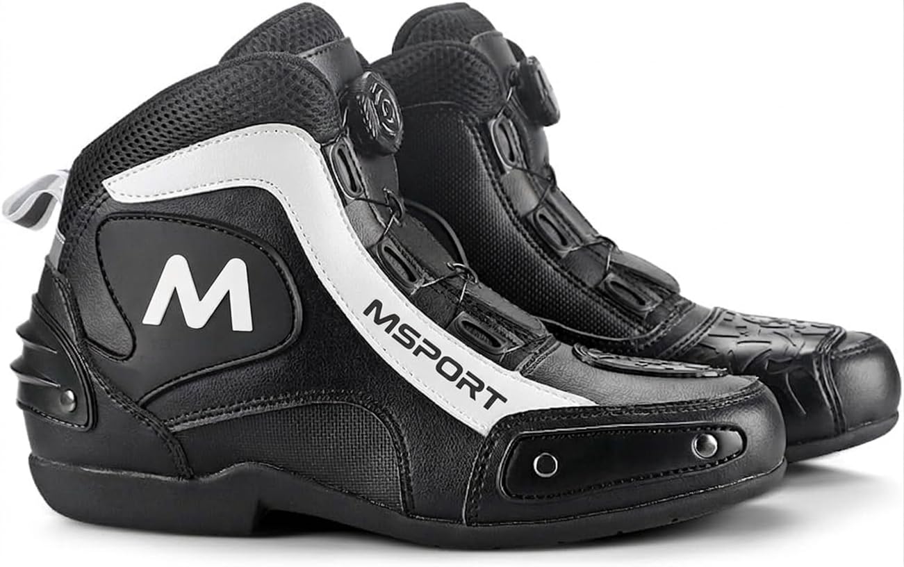 Msport Zapatos de Moto para Hombre y Mujer Botas Moto con Protectores – Cierre Rápido, Antideslizantes, Resistentes y Cómodos - Negro 43 EU