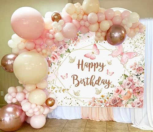 Miniatura 8 de Sensfun Telón de fondo floral de feliz cumpleaños para mujeres y niñas, mariposa rosa, fiesta de cumpleaños, fondo de fotografía, flores en