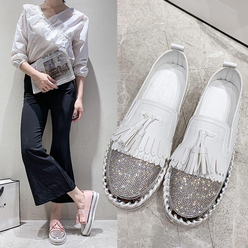 Women's Rhinestones Glitter Tassel Thick Sole Loafers Slip-on Handmade Comfortable Breathable Platform Walking Sneakers2