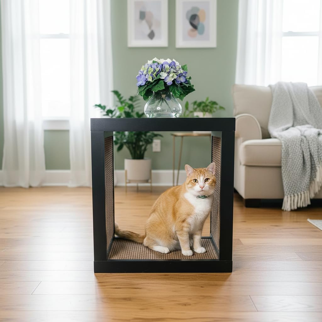 Designer Pet Products 2-in-1 Cat Scratcher End Table – Modern Wood Side Table with Customizable Sisal Scratching Pad – Versatile Furniture for Cats and Home Decor