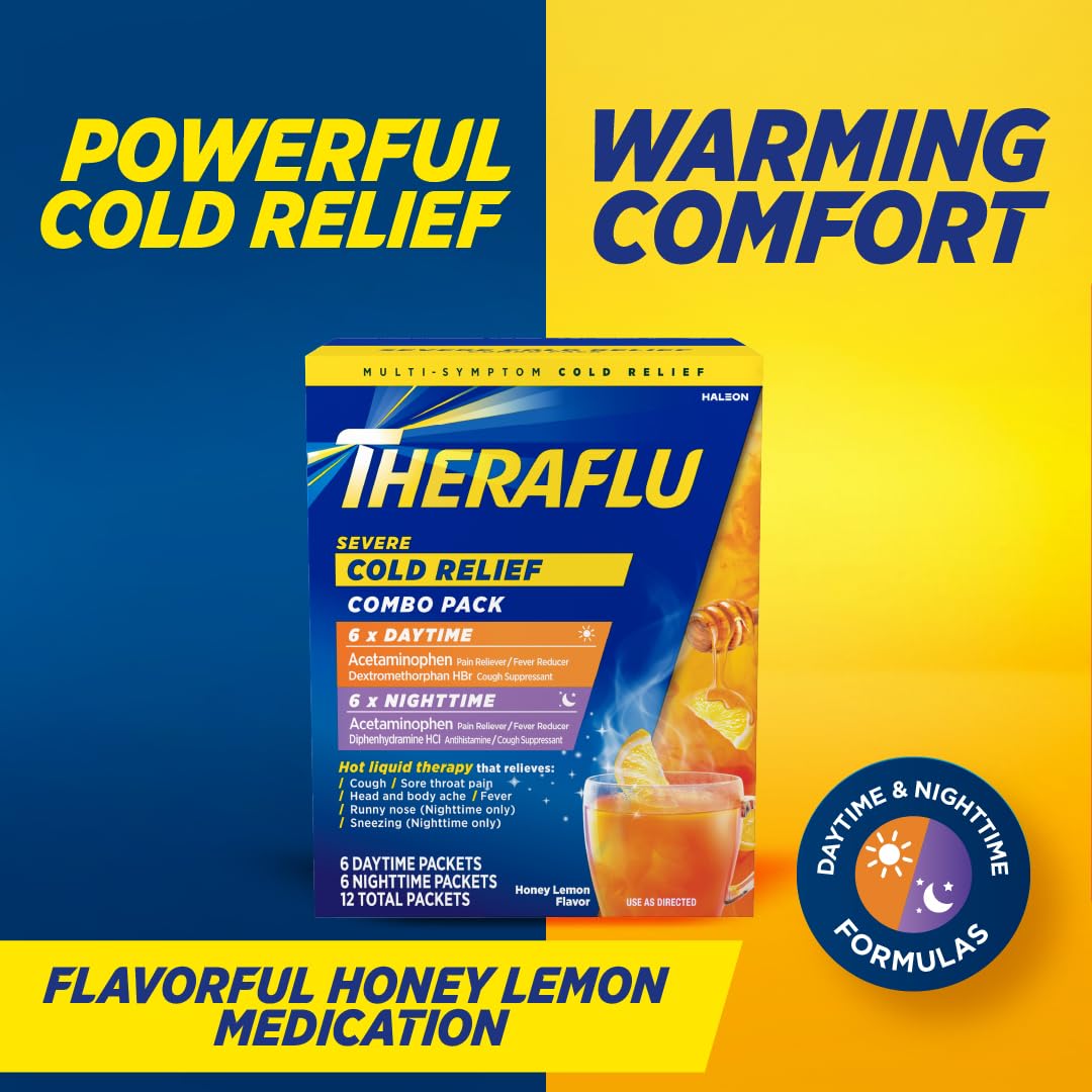 Theraflu Day and Night Pack, Severe Cold Relief, Honey Lemon, 12 Packets — Amazon image 2