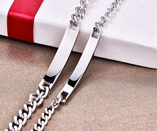 NEHZUS Personalized Stainless Steel ID Bracelet Set, His and Hers Couples Jewelry, 316L Steel Chain with Cubic Zirconia, 7.87-8.66 Inches (Silver Couple) - Thumbnail 4