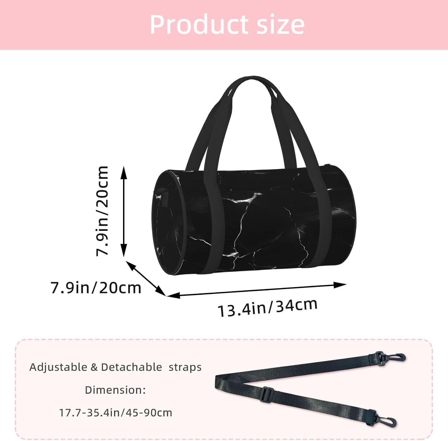 Black Marble Print Sports Tote Bag Lightweight Water-Resistant Gym Backpack Travel Supplies