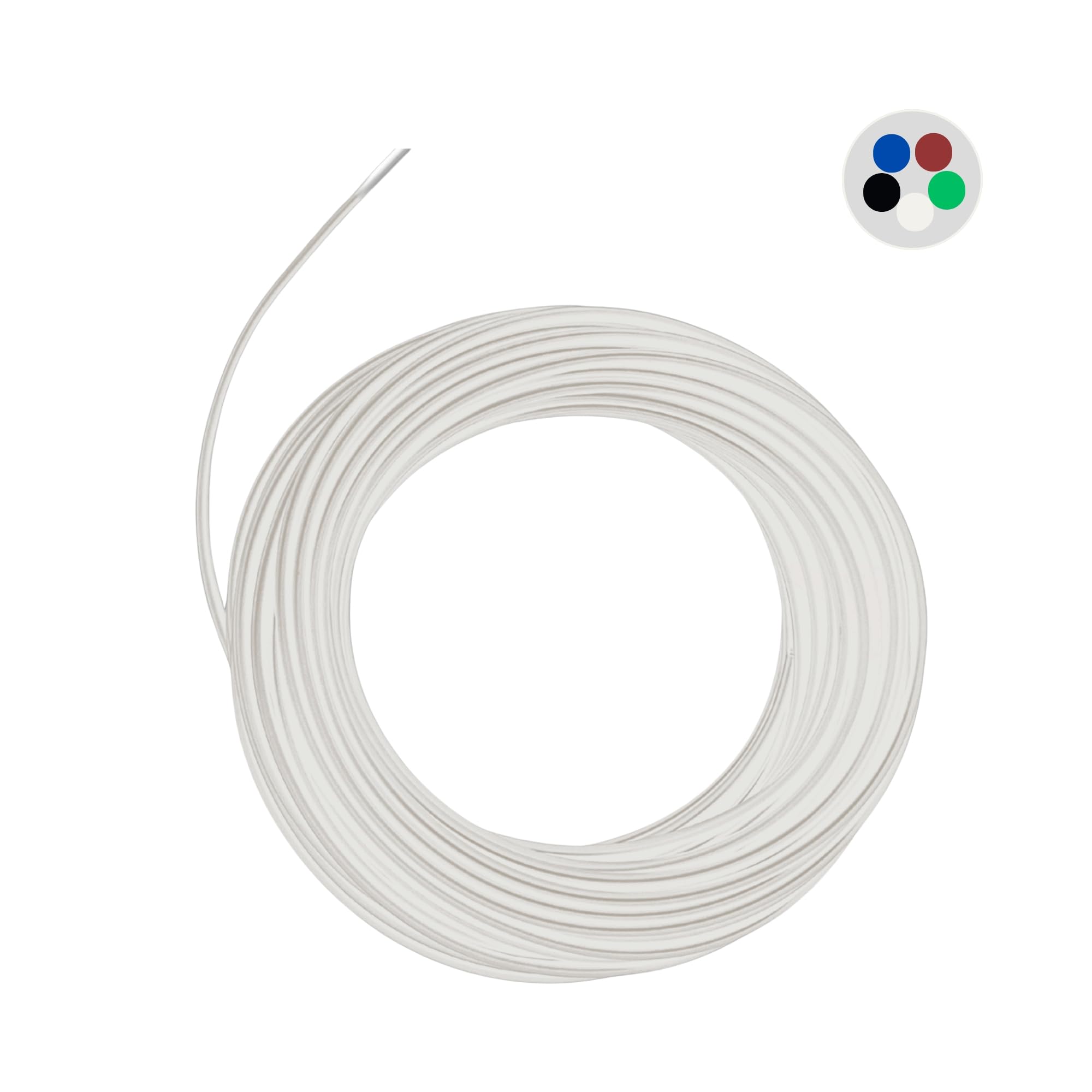 25 Meter langes Kabel Rundschlauch PVC weiß 03VV-F 5 x 0,75 mm² | flexibles Kabel 5 Kupferleiter | mit Innen Blau, Rot, Grün, Schwarz und Weiß | Niederspannung 300 V