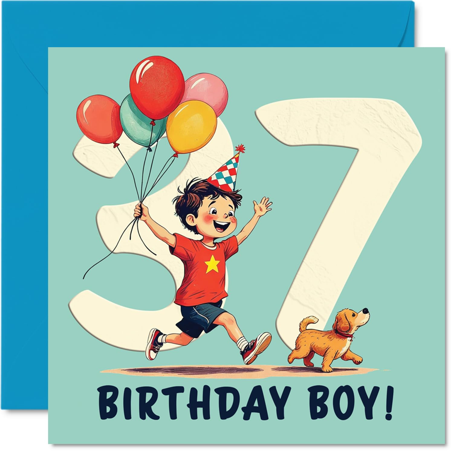 37th Birthday Cards for Men - Balloon Boy - Happy Birthday Card for 37 Year Old Man Uncle Cousin Brother Friend, 145mm Bday Greeting Cards