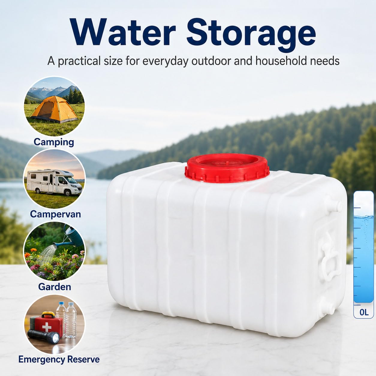 Wassertank mit Zapfhahn, Wasserbehälter aus lebensmittelechtem HDPE mit großer Öffnung und Seitengriff, für Camping, Wohnmobil, Garten und Notvorrat,60L