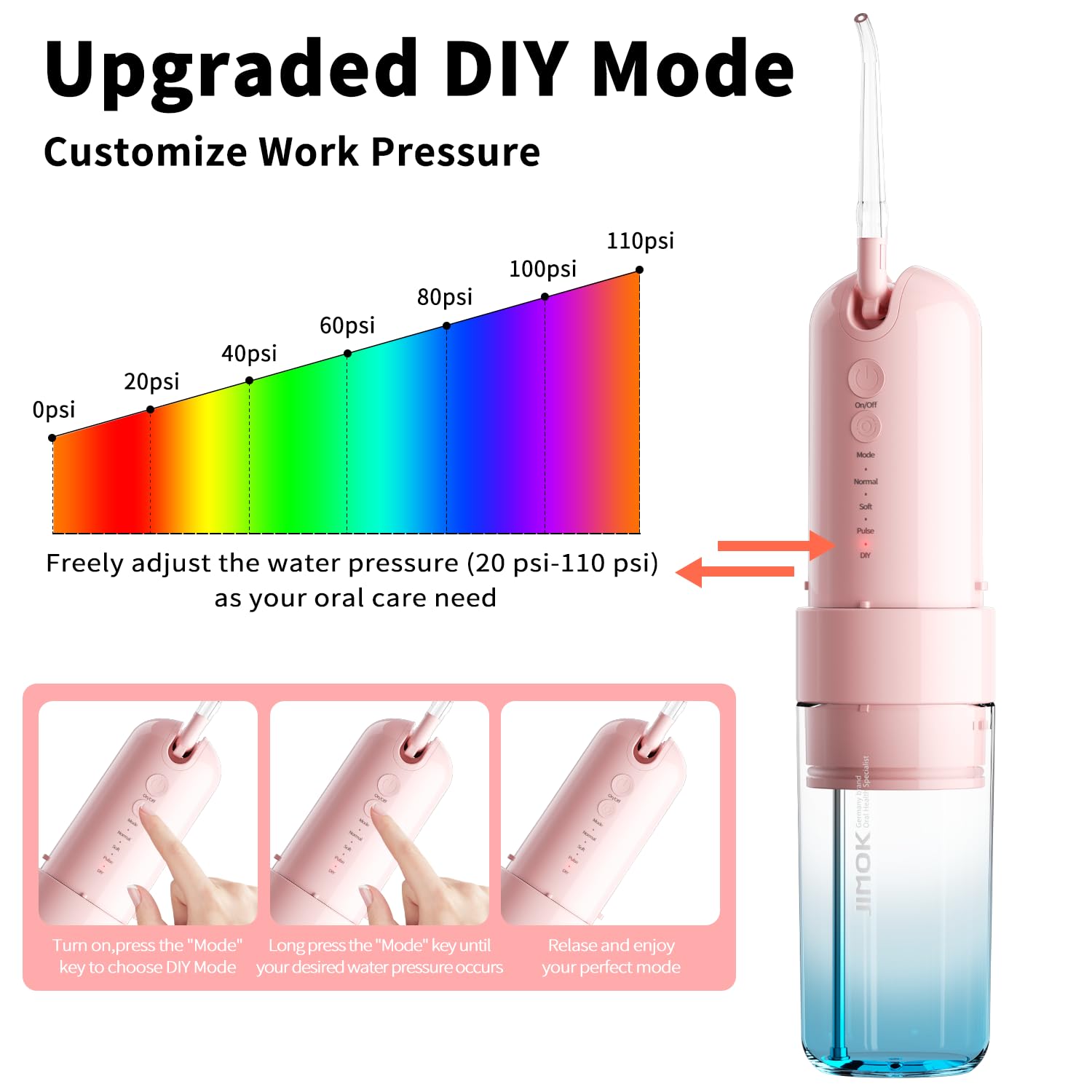 JIMOK Irrigador dental de agua inalámbrico para dientes, irrigador oral portátil, 4 modos con bricolaje, 6 puntas de chorro, tanque de agua extraíble para una fácil limpieza, funda portátil para