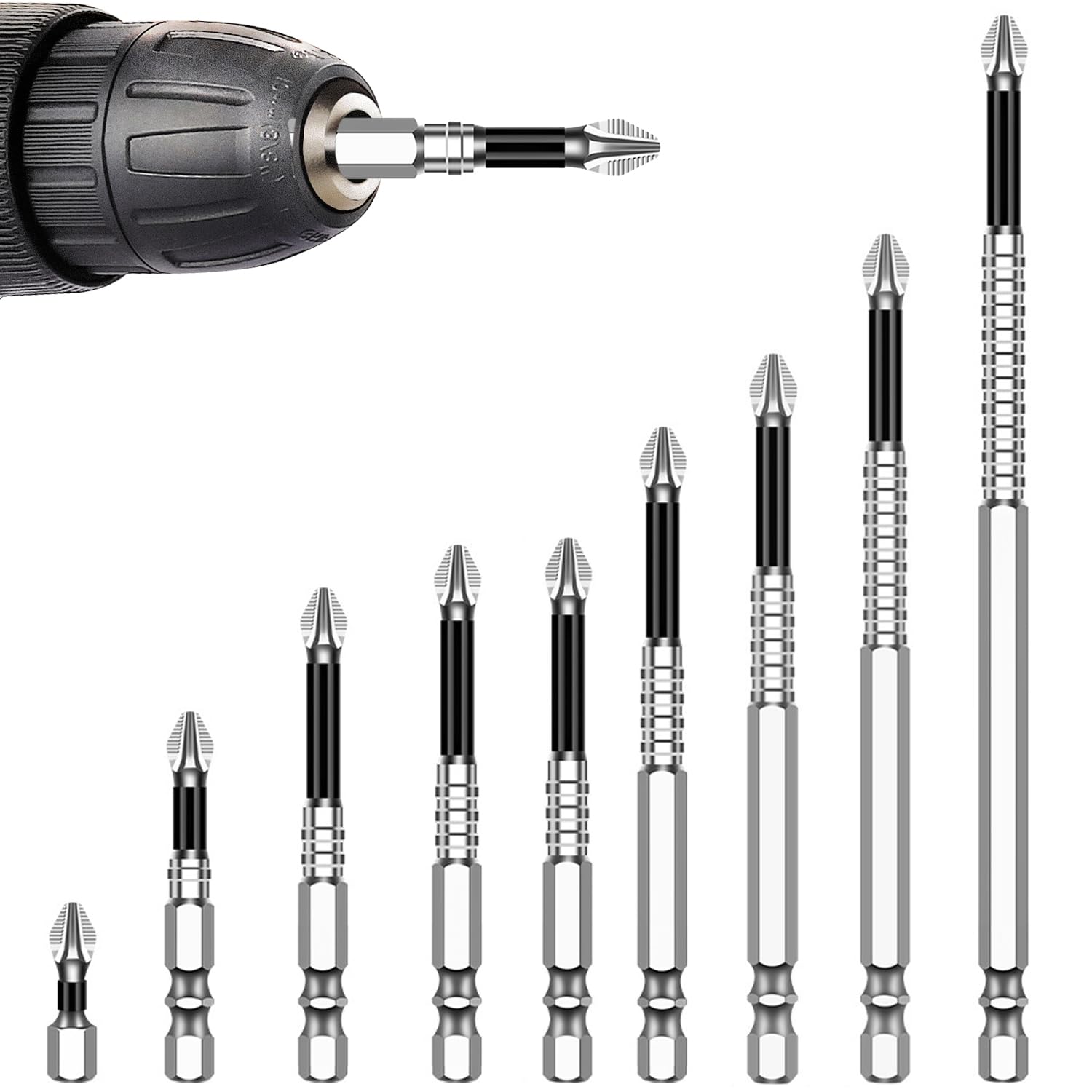 9PCS Magnetic Screwdriver Drill Bit Set, PH2 Impact Driver Bits 25L 50L 65L 70L 75L 90L 100L 120L 150L, High-Grade Steel Screw Bits with Anti-Slip and Magnetic Design for DIY