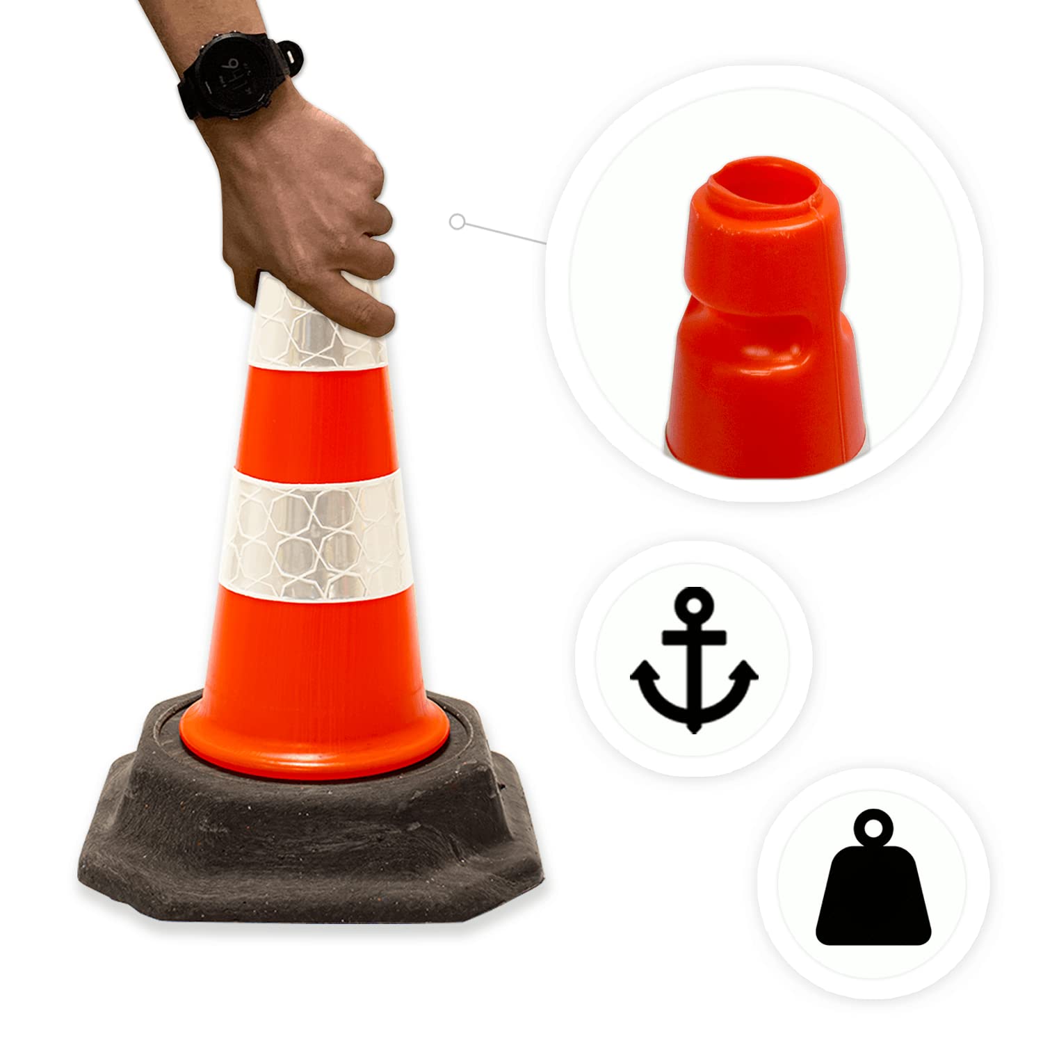 Conos de señalización Street Solutions. Conos de tráfico para uso doméstico y comercial. Conos de prohibido aparcar. Hechos de PVC resistente 100% reciclado. Juego de 6 conos de 45 cm.