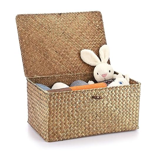 Hipiwe Wicker Shelf Baskets Bin with Lid, Handwoven Seagrass Basket Storage Bins Rectangular Household Basket Boxes for Shelf Wardrobe Home Organizer, Coffee X-Large
