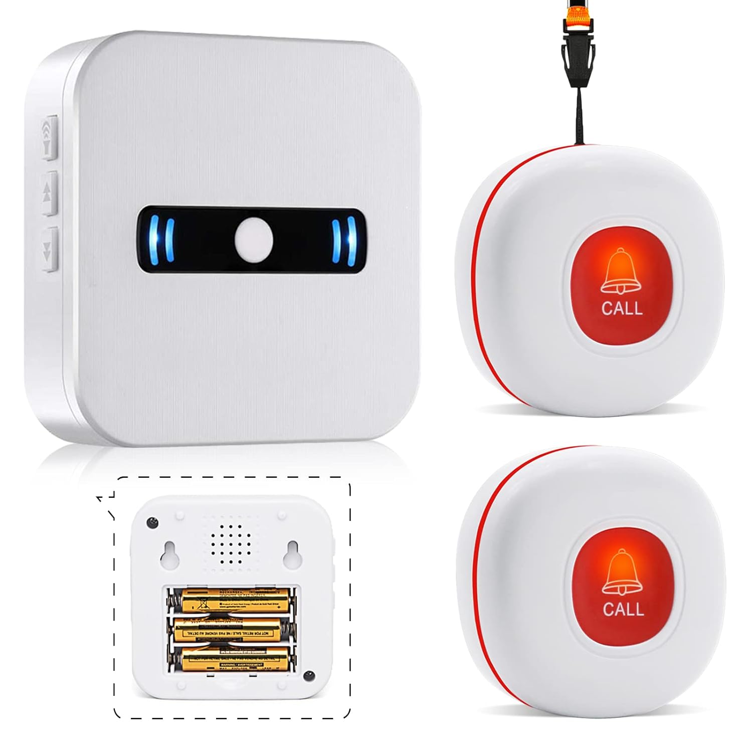 Main components of the DAYTECH Wireless Call Button System: one receiver and two call button transmitters.