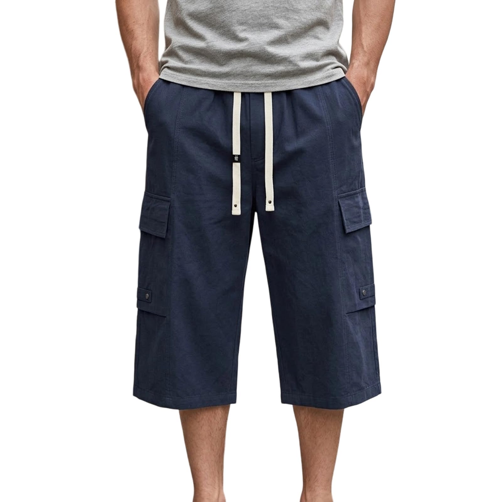 Pantalon 3/4 en lin pour homme - Pantalon court d'été décontracté - Short en lin 7/8 - Pantalon Capri léger - Pantalon d'été - Pantalon de jogging - Pantalon de travail - Bermuda cargo avec