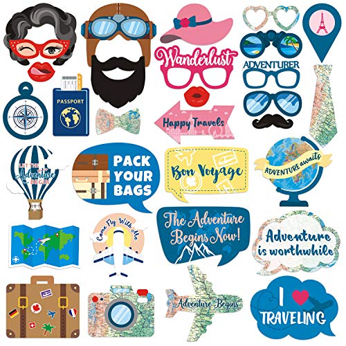 Yaaaaasss! Adventure Awaits Photo Booth Props for Travel Themed Bon Voyage Farewell Retirement Party Supplies Props Kit - 31 Count