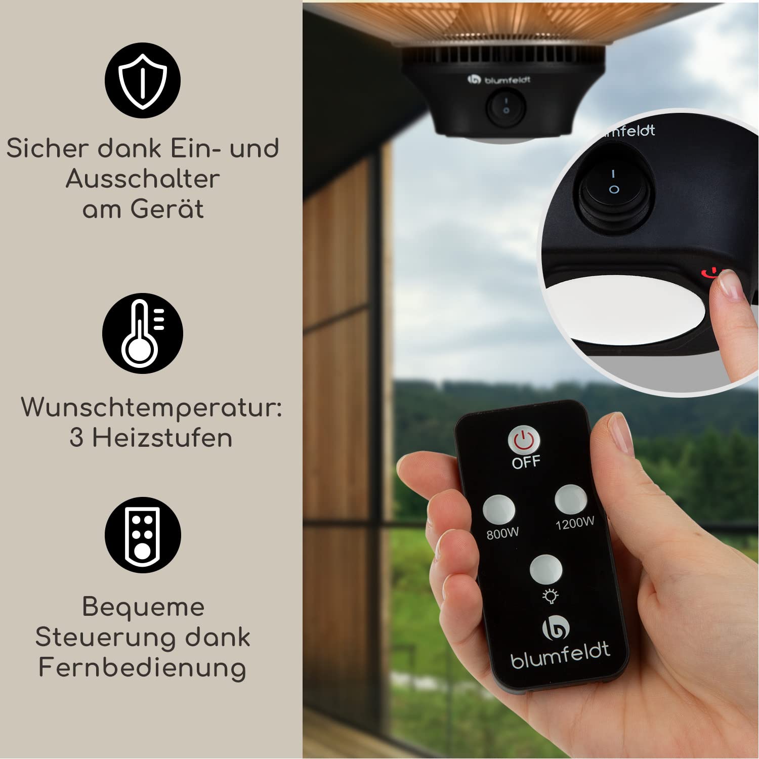blumfeldt Heat Hexa Heizstrahler Terrasse, Infrarotstrahler Terrasse mit Elektroheizung, Deckenheizstrahler mit Heizleistung: 800 / 1200 / 2000 W, IR ComfortHeat, Halogen-Heizelemente, schwarz