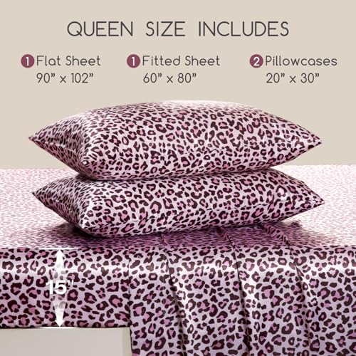 Image of MR&HM Satin Bed Sheets with Elastic Corner Straps, Queen Size Sheets Set, 4 Pcs Silky Bedding Set with 15 Inches Deep Pocket for Mattress (Queen, Pink Leopard)