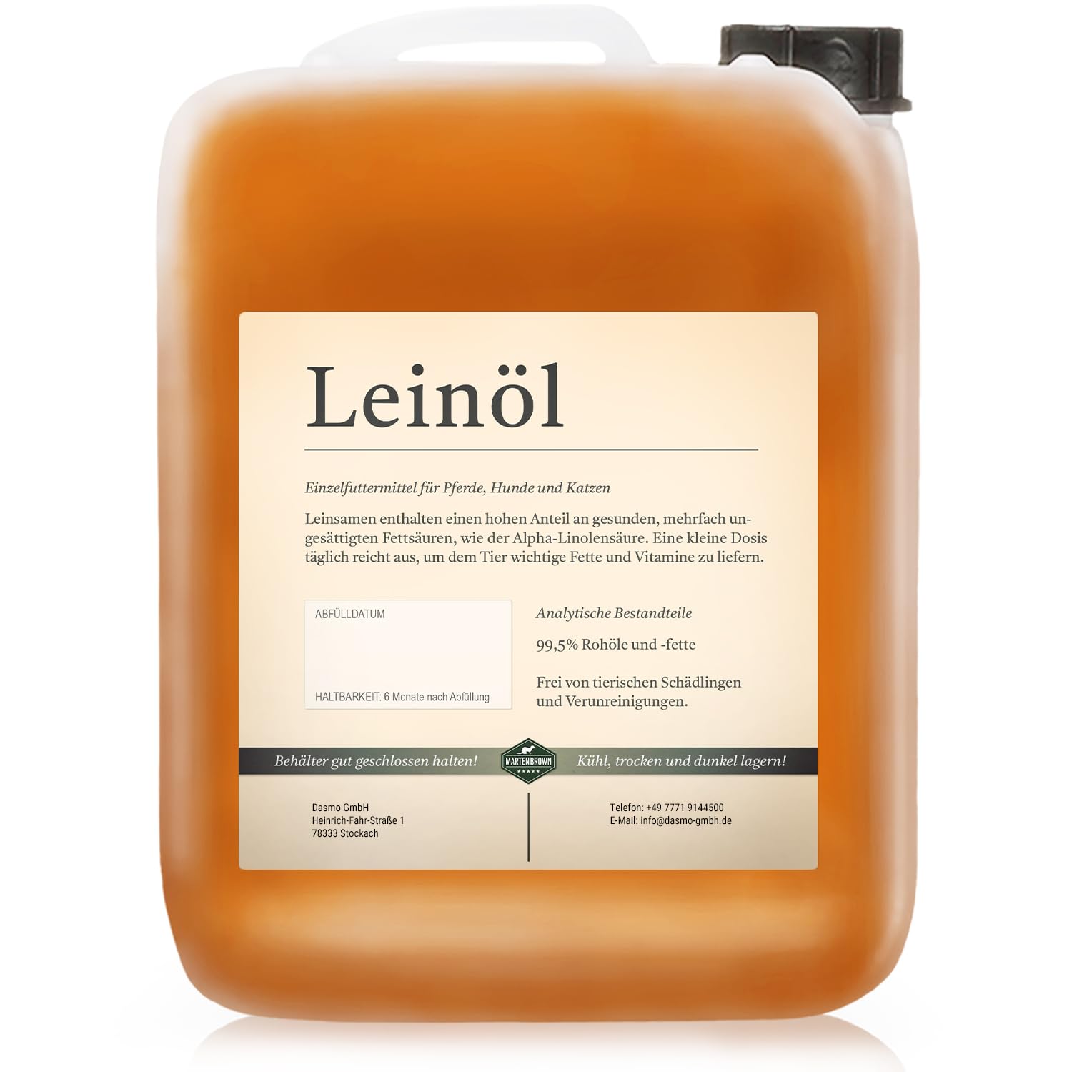 Martenbrown® Aceite de linaza prémium para caballos, perros y otros animales, en bidón XXL [3 litros] | prensado en frío y 100% puro y natural | Complemento alimenticio para animales