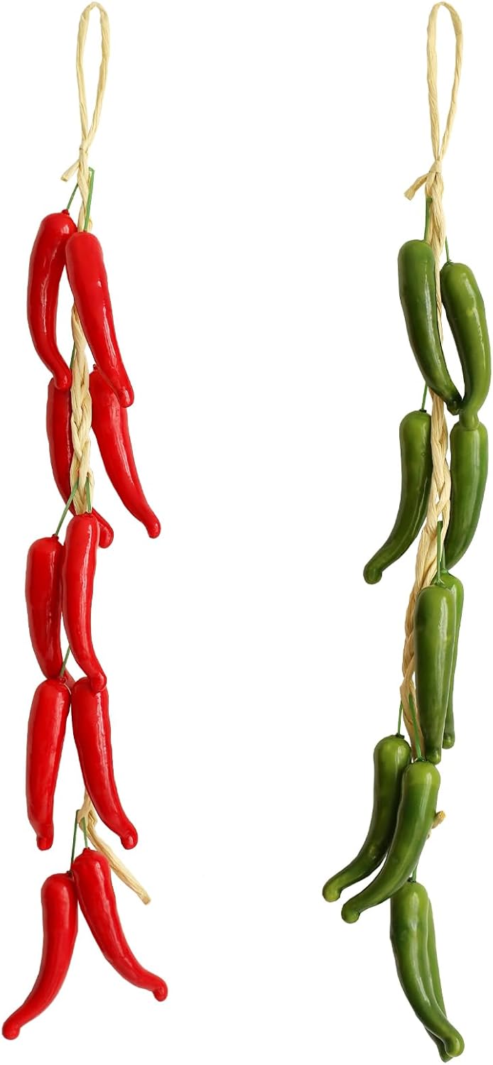 2 string Artificial peppers fake vegetables simulation lifelike hot chili vegetable fruit garland chili pepper decorations for home kitchen farm party wall photography props decoration(Red/cyan)
