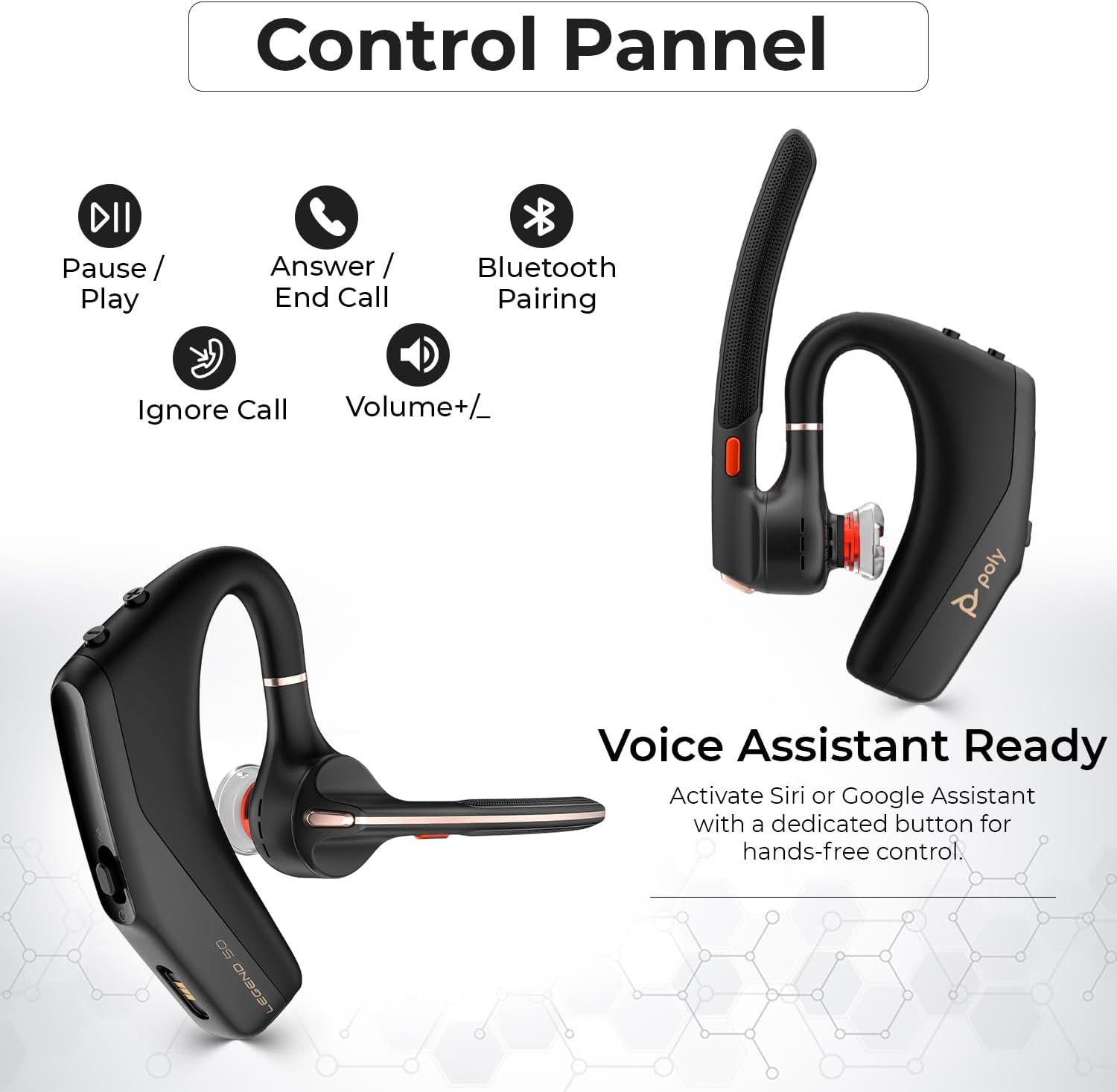 ANYHDD Poly Legend Voyager 50 for Bluetooth Headset - 4 Noise-Canceling Mics, PC, iOS, Mac, Tablet, Incl. + Charging Cable + USB Dongle + USB A-C + Microfiber Cloth